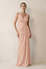 V-Neck Satin Ruched Sheath Bridesmaid Dress in Champagne Rose | KISSBRIDAL