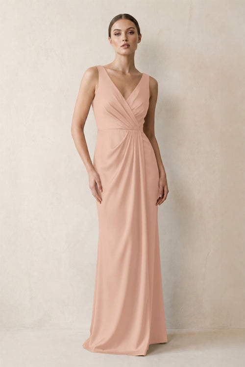 V-Neck Satin Ruched Sheath Bridesmaid Dress in Champagne Rose | KISSBRIDAL