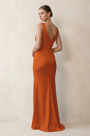 V-Neck Satin Ruched Sheath Bridesmaid Dress in Cinnamon (2) | KISSBRIDAL