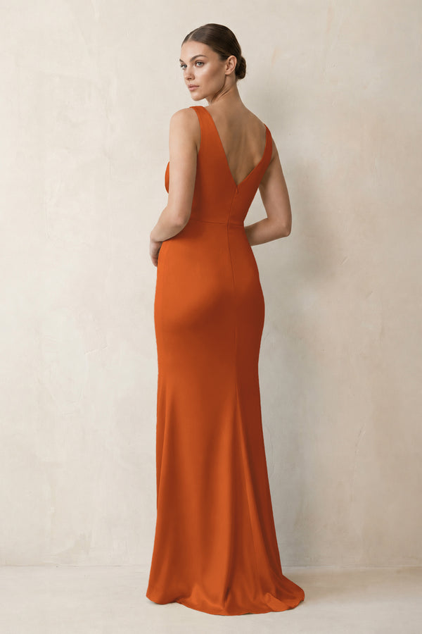 V-Neck Satin Ruched Sheath Bridesmaid Dress in Cinnamon (2) | KISSBRIDAL