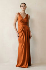 V - Neck Satin Ruched Sheath Bridesmaid Dress in Cinnamon - KISS BRIDAL Bridesmaid Dresses