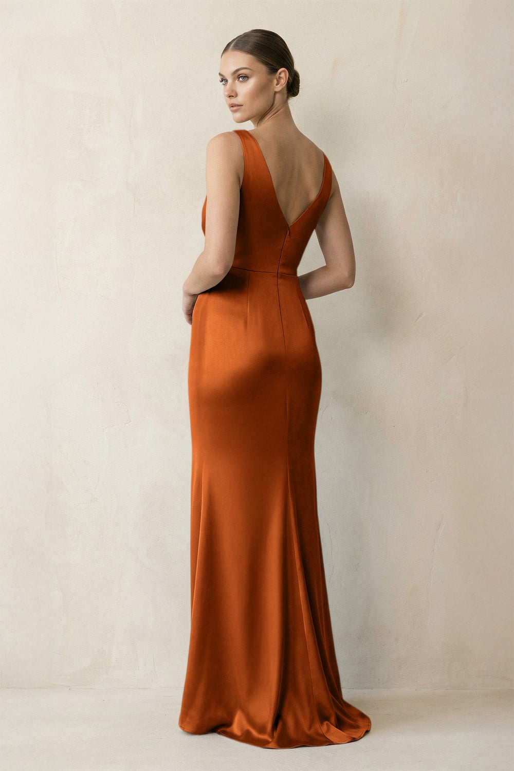 V - Neck Satin Ruched Sheath Bridesmaid Dress in Cinnamon - KISS BRIDAL Bridesmaid Dresses