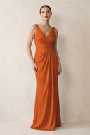 V-Neck Satin Ruched Sheath Bridesmaid Dress in Cinnamon | KISSBRIDAL