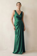 V - Neck Satin Ruched Sheath Bridesmaid Dress in Dark Green - KISS BRIDAL Bridesmaid Dresses