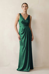 V - Neck Satin Ruched Sheath Bridesmaid Dress in Dark Green - KISS BRIDAL Bridesmaid Dresses