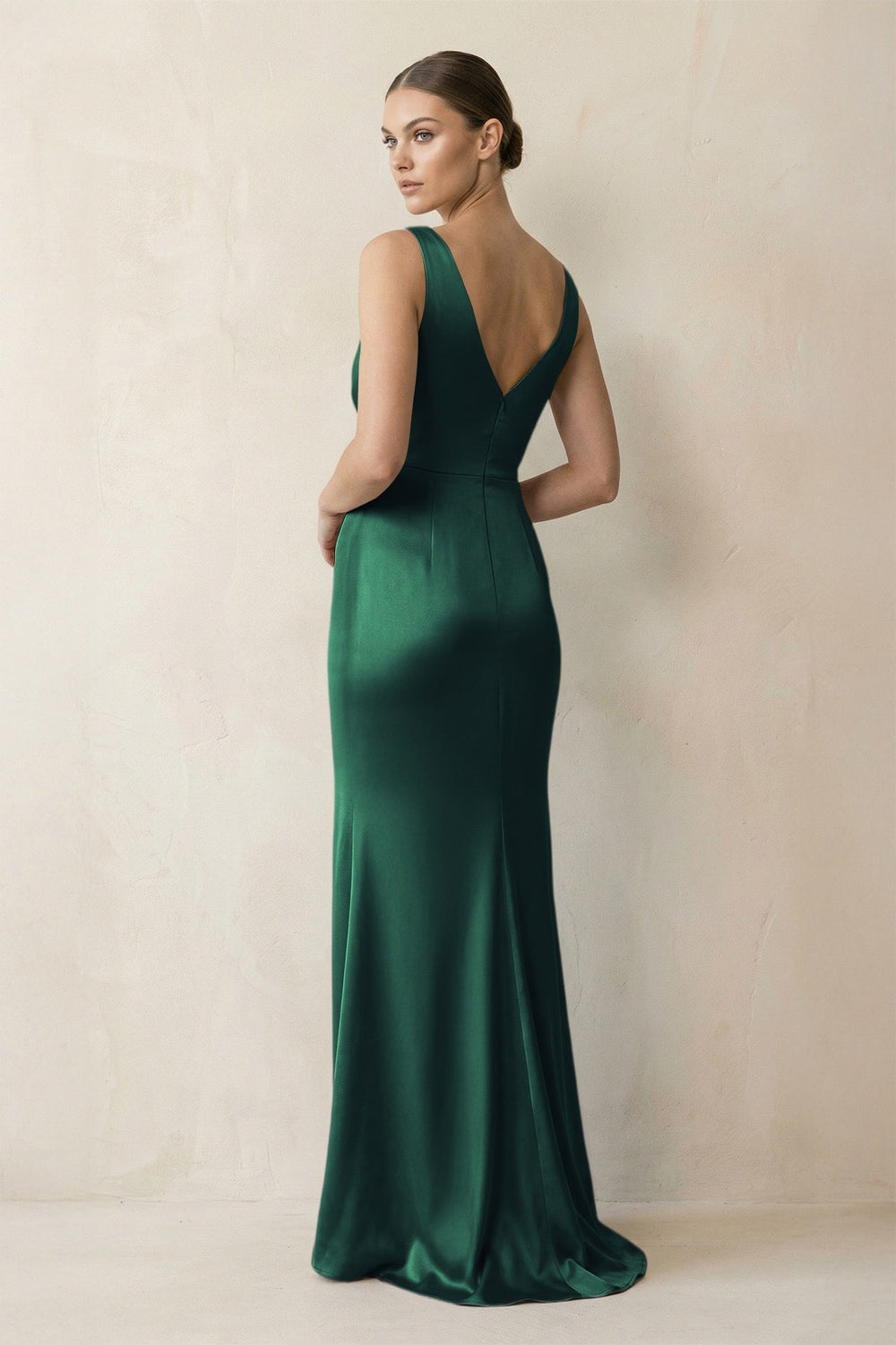 V - Neck Satin Ruched Sheath Bridesmaid Dress in Dark Green - KISS BRIDAL Bridesmaid Dresses