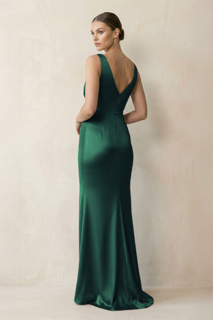 V - Neck Satin Ruched Sheath Bridesmaid Dress in Dark Green - KISS BRIDAL Bridesmaid Dresses