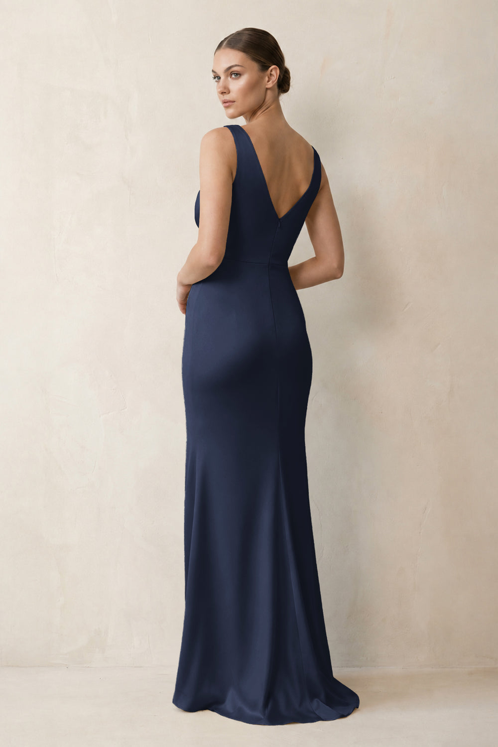V-Neck Satin Ruched Sheath Bridesmaid Dress in Dark Navy