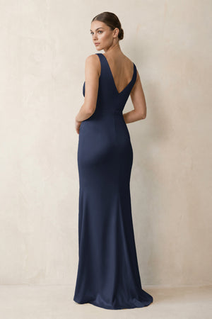 V-Neck Satin Ruched Sheath Bridesmaid Dress in Dark Navy (2) | KISSBRIDAL