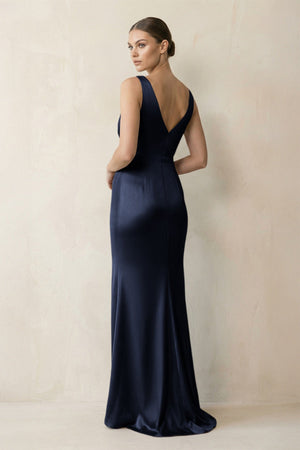 V - Neck Satin Ruched Sheath Bridesmaid Dress in Dark Navy - KISS BRIDAL Bridesmaid Dresses