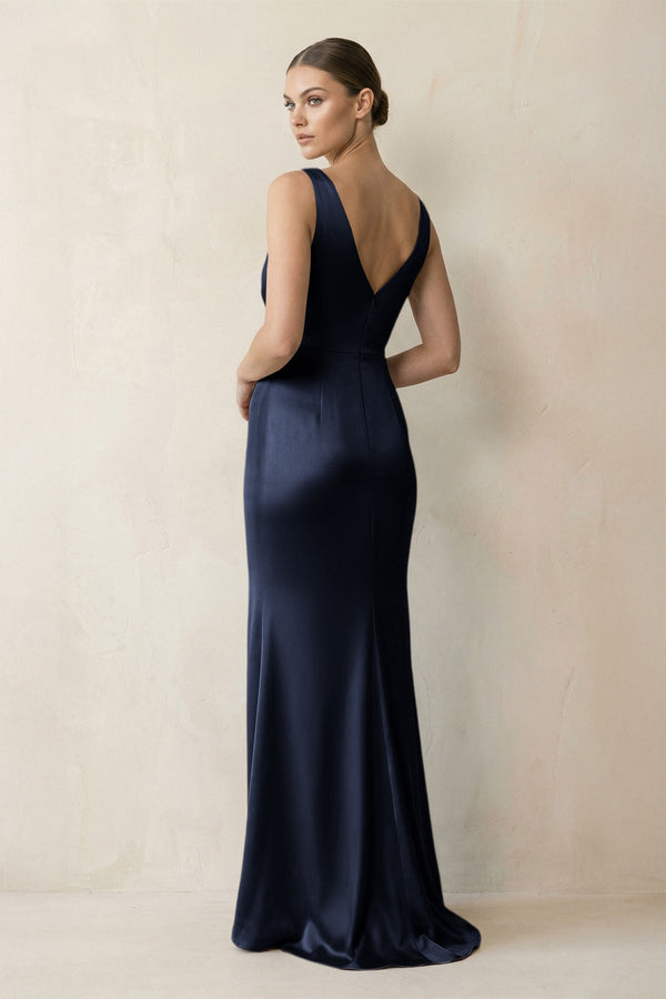 V - Neck Satin Ruched Sheath Bridesmaid Dress in Dark Navy - KISS BRIDAL Bridesmaid Dresses