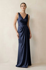 V - Neck Satin Ruched Sheath Bridesmaid Dress in Dark Navy - KISS BRIDAL Bridesmaid Dresses