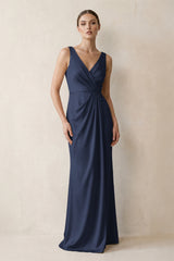 V-Neck Satin Ruched Sheath Bridesmaid Dress in Dark Navy | KISSBRIDAL