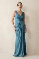 V - Neck Satin Ruched Sheath Bridesmaid Dress in Dark Teal - KISS BRIDAL Bridesmaid Dresses