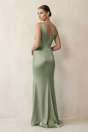 V - Neck Satin Ruched Sheath Bridesmaid Dress in Dove Gray - KISS BRIDAL Bridesmaid Dresses