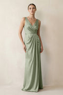 V - Neck Satin Ruched Sheath Bridesmaid Dress in Dove Gray - KISS BRIDAL Bridesmaid Dresses