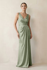 V - Neck Satin Ruched Sheath Bridesmaid Dress in Dove Gray - KISS BRIDAL Bridesmaid Dresses