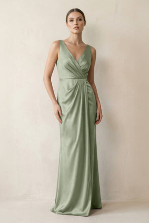V - Neck Satin Ruched Sheath Bridesmaid Dress in Dove Gray - KISS BRIDAL Bridesmaid Dresses
