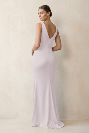 V-Neck Satin Ruched Sheath Bridesmaid Dress in Dusk (2) | KISSBRIDAL