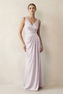 V - Neck Satin Ruched Sheath Bridesmaid Dress in Dusk - KISS BRIDAL Bridesmaid Dresses