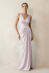 V - Neck Satin Ruched Sheath Bridesmaid Dress in Dusk - KISS BRIDAL Bridesmaid Dresses