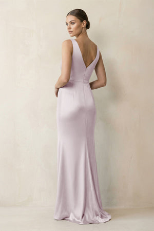 V - Neck Satin Ruched Sheath Bridesmaid Dress in Dusk - KISS BRIDAL Bridesmaid Dresses