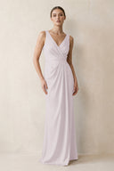V-Neck Satin Ruched Sheath Bridesmaid Dress in Dusk | KISSBRIDAL