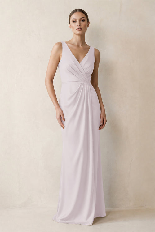 V-Neck Satin Ruched Sheath Bridesmaid Dress in Dusk | KISSBRIDAL