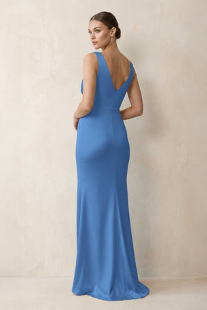 V-Neck Satin Ruched Sheath Bridesmaid Dress in Dusty Blue (2) | KISSBRIDAL