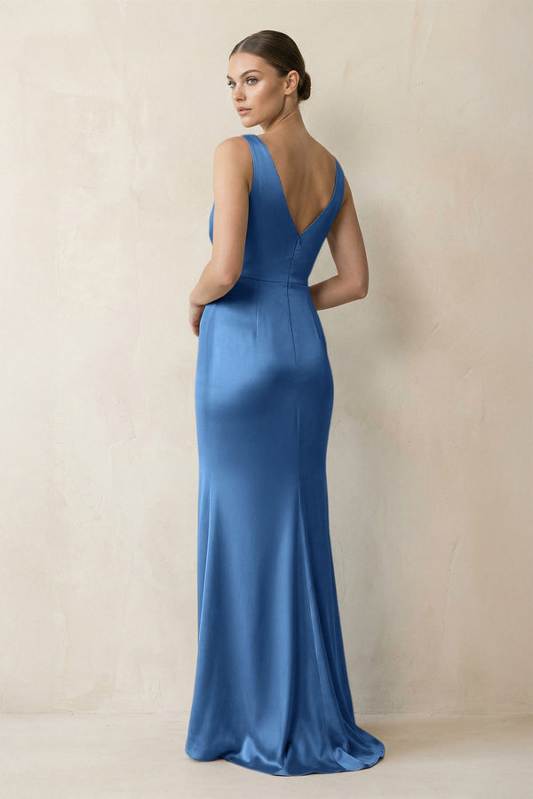 V - Neck Satin Ruched Sheath Bridesmaid Dress in Dusty Blue - KISS BRIDAL Bridesmaid Dresses