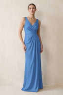 V-Neck Satin Ruched Sheath Bridesmaid Dress in Dusty Blue | KISSBRIDAL