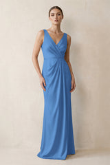 V-Neck Satin Ruched Sheath Bridesmaid Dress in Dusty Blue | KISSBRIDAL