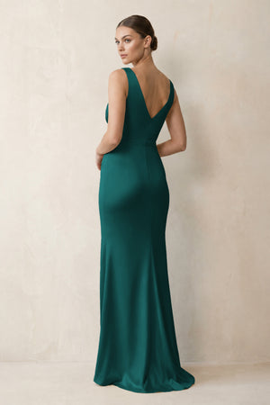 V-Neck Satin Ruched Sheath Bridesmaid Dress in Emerald (2) | KISSBRIDAL