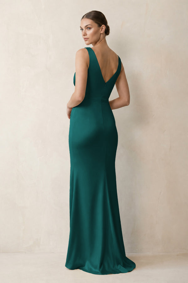 V-Neck Satin Ruched Sheath Bridesmaid Dress in Emerald (2) | KISSBRIDAL