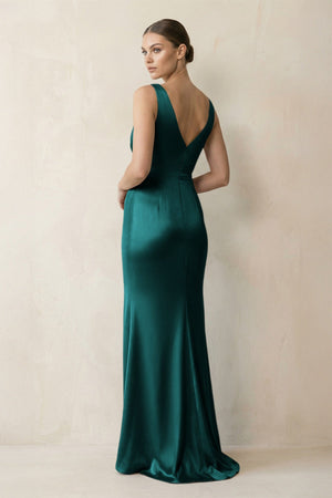 V - Neck Satin Ruched Sheath Bridesmaid Dress in Emerald - KISS BRIDAL Bridesmaid Dresses