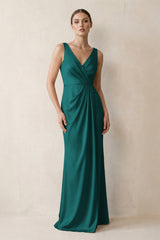 V-Neck Satin Ruched Sheath Bridesmaid Dress in Emerald | KISSBRIDAL