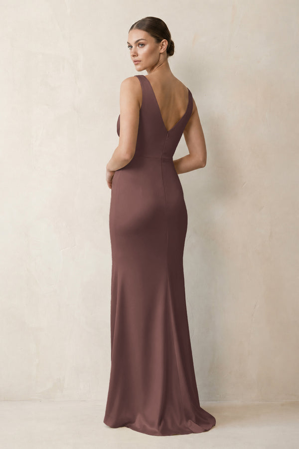 V-Neck Satin Ruched Sheath Bridesmaid Dress in Espresso (2) | KISSBRIDAL