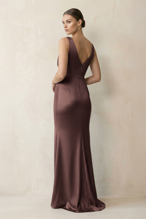 V - Neck Satin Ruched Sheath Bridesmaid Dress in Espresso - KISS BRIDAL Bridesmaid Dresses