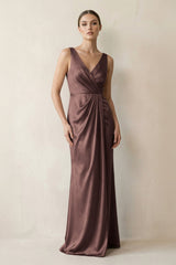 V - Neck Satin Ruched Sheath Bridesmaid Dress in Espresso - KISS BRIDAL Bridesmaid Dresses