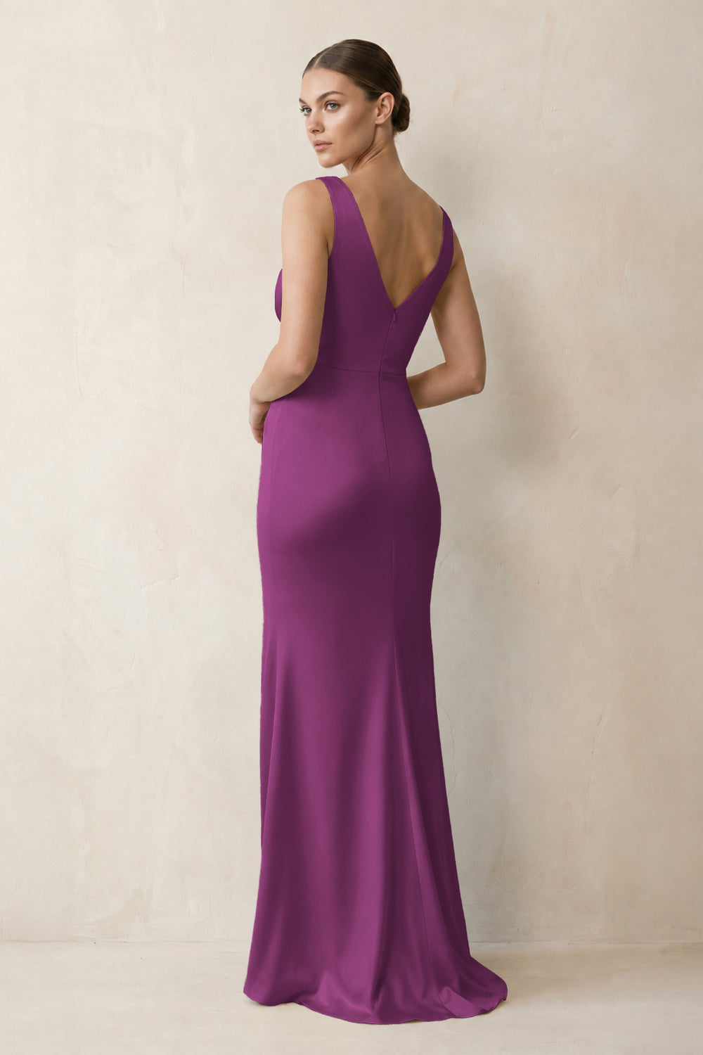 V-Neck Satin Ruched Sheath Bridesmaid Dress in Fig