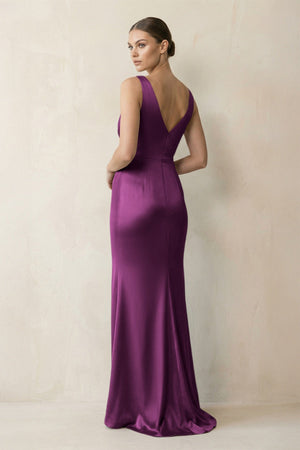 V - Neck Satin Ruched Sheath Bridesmaid Dress in Fig - KISS BRIDAL Bridesmaid Dresses
