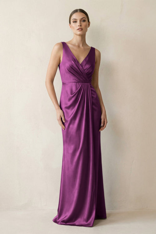 V - Neck Satin Ruched Sheath Bridesmaid Dress in Fig - KISS BRIDAL Bridesmaid Dresses