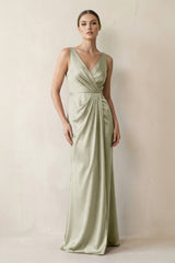 V - Neck Satin Ruched Sheath Bridesmaid Dress in Frost - KISS BRIDAL Bridesmaid Dresses