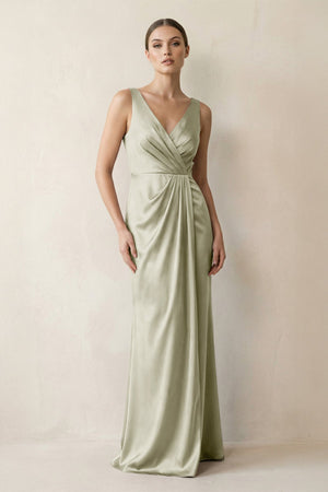 V - Neck Satin Ruched Sheath Bridesmaid Dress in Frost - KISS BRIDAL Bridesmaid Dresses