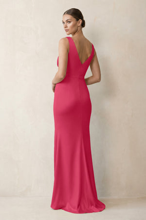 V-Neck Satin Ruched Sheath Bridesmaid Dress in Fuchsia (2) | KISSBRIDAL