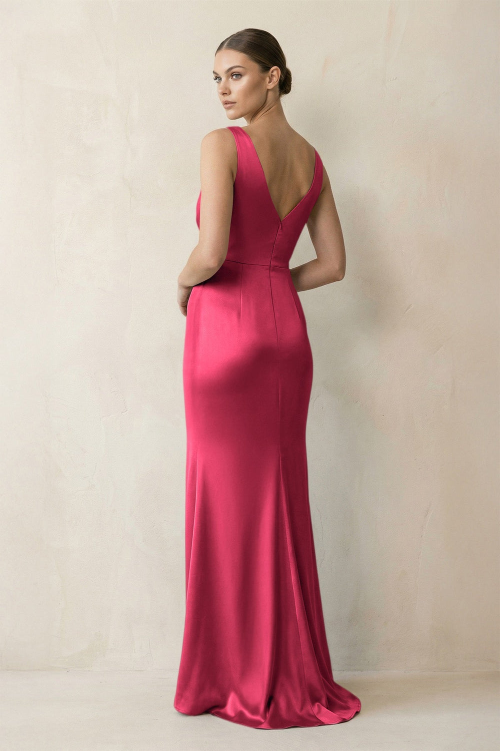 V - Neck Satin Ruched Sheath Bridesmaid Dress in Fuchsia - KISS BRIDAL Bridesmaid Dresses