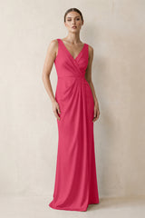 V-Neck Satin Ruched Sheath Bridesmaid Dress in Fuchsia | KISSBRIDAL