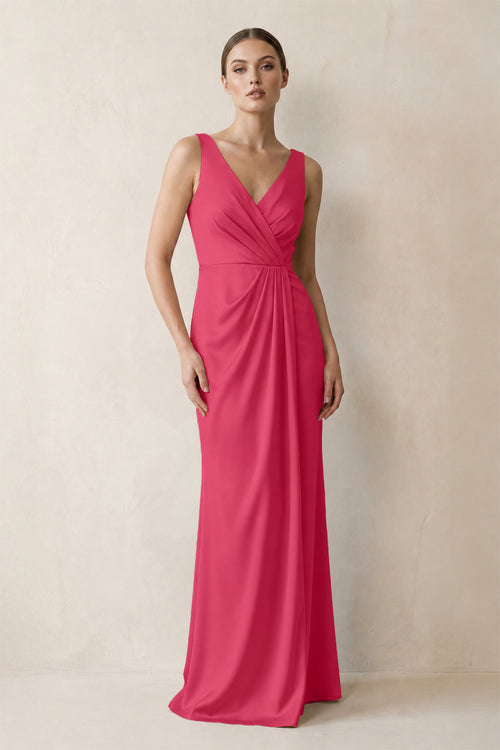 V-Neck Satin Ruched Sheath Bridesmaid Dress in Fuchsia | KISSBRIDAL