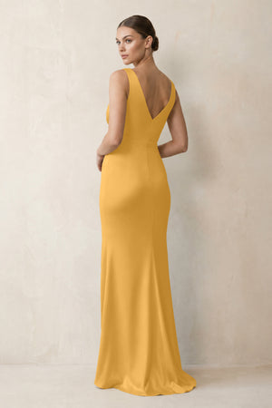 V-Neck Satin Ruched Sheath Bridesmaid Dress in Gold (2) | KISSBRIDAL