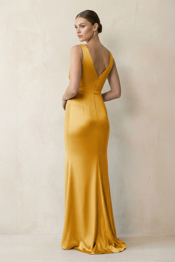 V - Neck Satin Ruched Sheath Bridesmaid Dress in Gold - KISS BRIDAL Bridesmaid Dresses